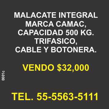 Malacate Integral marca Camac, capacidad 500 kg, trifasico, cable y botonera, en venta $32,