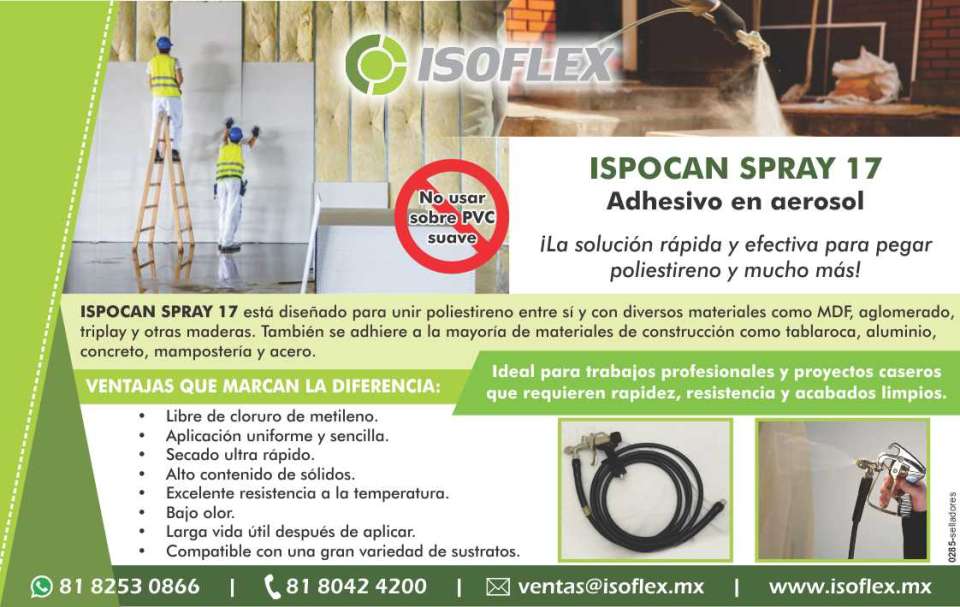 ISPOCAN SPRAY 17 La solucion rapida y efectiva para pegar poliestireno y mucho mas. Esta diseñado para unir poliestireno entre si y con diversos materiales como MDF,aglomerado,triplay y otras maderas