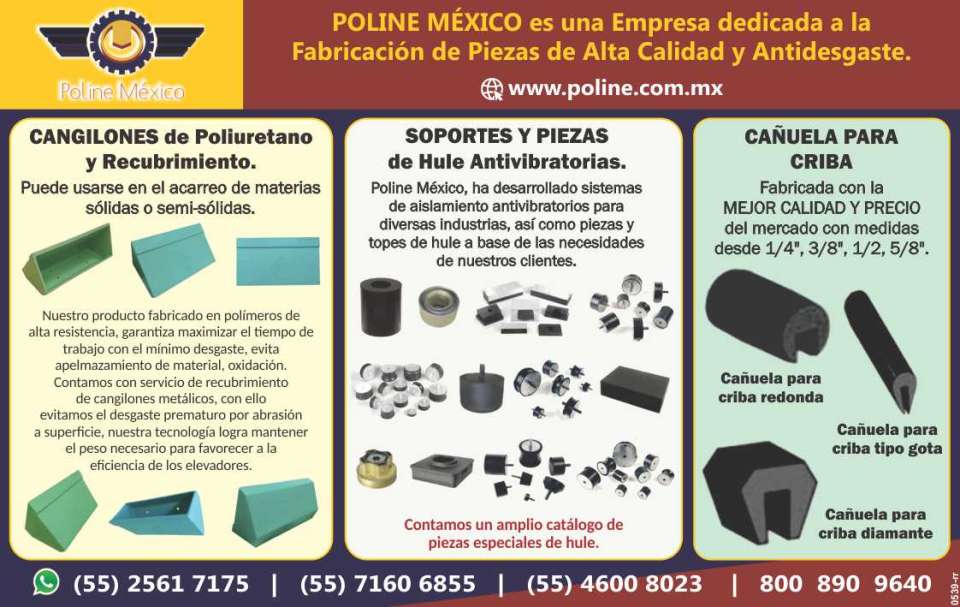 Empresa dedicada a la fabricacion de piezas de alta calidad y antidesgaste. Cangilones de Poliuretano y recubrimiento Soportes y piezas de hule antivibratorias Refacciones para Martillos hidraulicos