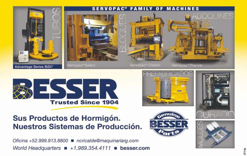 Besser, since 1904 by your side. Your concrete products, our production systems. Blocks, pavers, tubes, prefabricated, curing, molds. Besser, since 1904 by your side. Your concrete products, our production systems. Blocks, pavers, tubes, prefabricated, curing, molds.