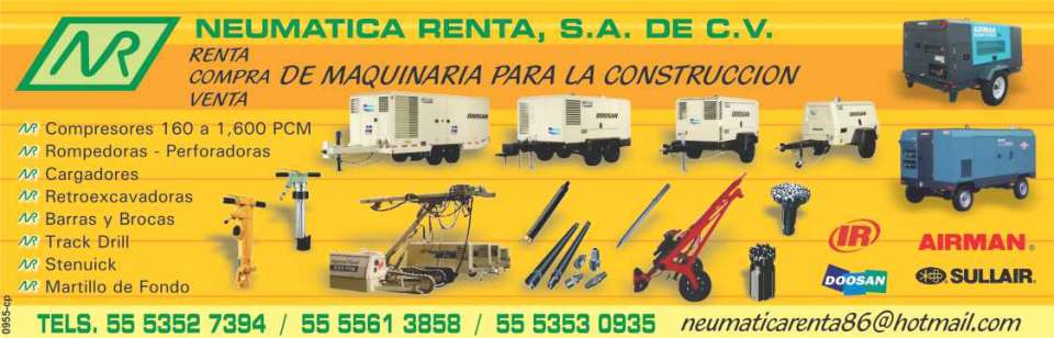 Compresores 160 a 1,600 PCM, Rompedoras- Perforadoras, Cargadores, Retroexcavadoras, Barras y Brocas, Track Drill, Stenuick, Martillo de Fondo, AIRMAN, Sullair, IR, Doosan,