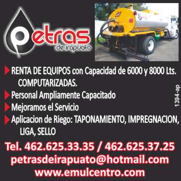 Rental of equipment with capacity of 6000 and 8000 liters, application of irrigation, tamponade, impregnation, league, seal Rental of equipment with capacity of 6000 and 8000 liters, application of irrigation, tamponade, impregnation, league, seal