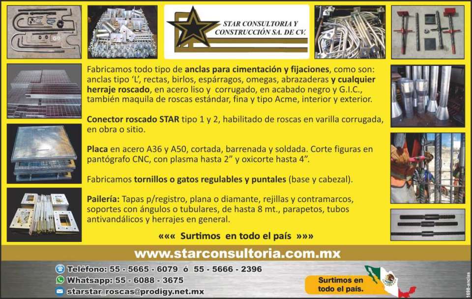Manufacturers of Anchors, Birlos, Asparagus, Clamps, Metal molds, Formwork, Stanchions, adjustable jacks, Tapas for records, grids, supports. Paileria and ironworks in general. Manufacturers of Anchors, Birlos, Asparagus, Clamps, Metal molds, Formwork, Stanchions, adjustable jacks, Tapas for records, grids, supports. Paileria and ironworks in general.