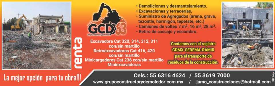 Excavadoras, Retroexcavadoras, Minicargadores, Miniexcavadoras. Demoliciones, Desmantelamientos, Excavaciones y Terracerias. Agregados. Registro CDMX-SEDEMA- RAMIR, para el Transporte de Residuos.