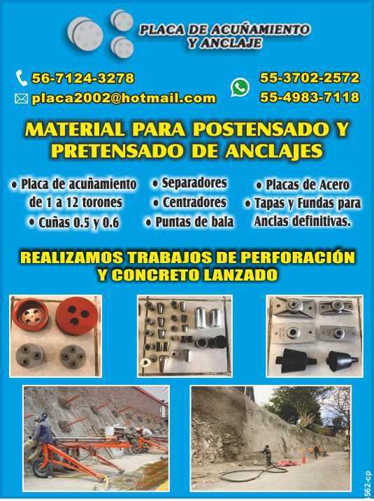 Placa de acuñamiento de 1 a 12 torones, Cuñas 0.5 y 0.6, Separadores, Centradores, Puntas de bala, Placas de Acero, Tapas y Fundas para anclas definitivas. Trabajos de Perforacion y Concreto Lanzado Placa de acuñamiento de 1 a 12 torones, Cuñas 0.5 y 0.6, Separadores, Centradores, Puntas de bala, Placas de Acero, Tapas y Fundas para anclas definitivas. Trabajos de Perforacion y Concreto Lanzado