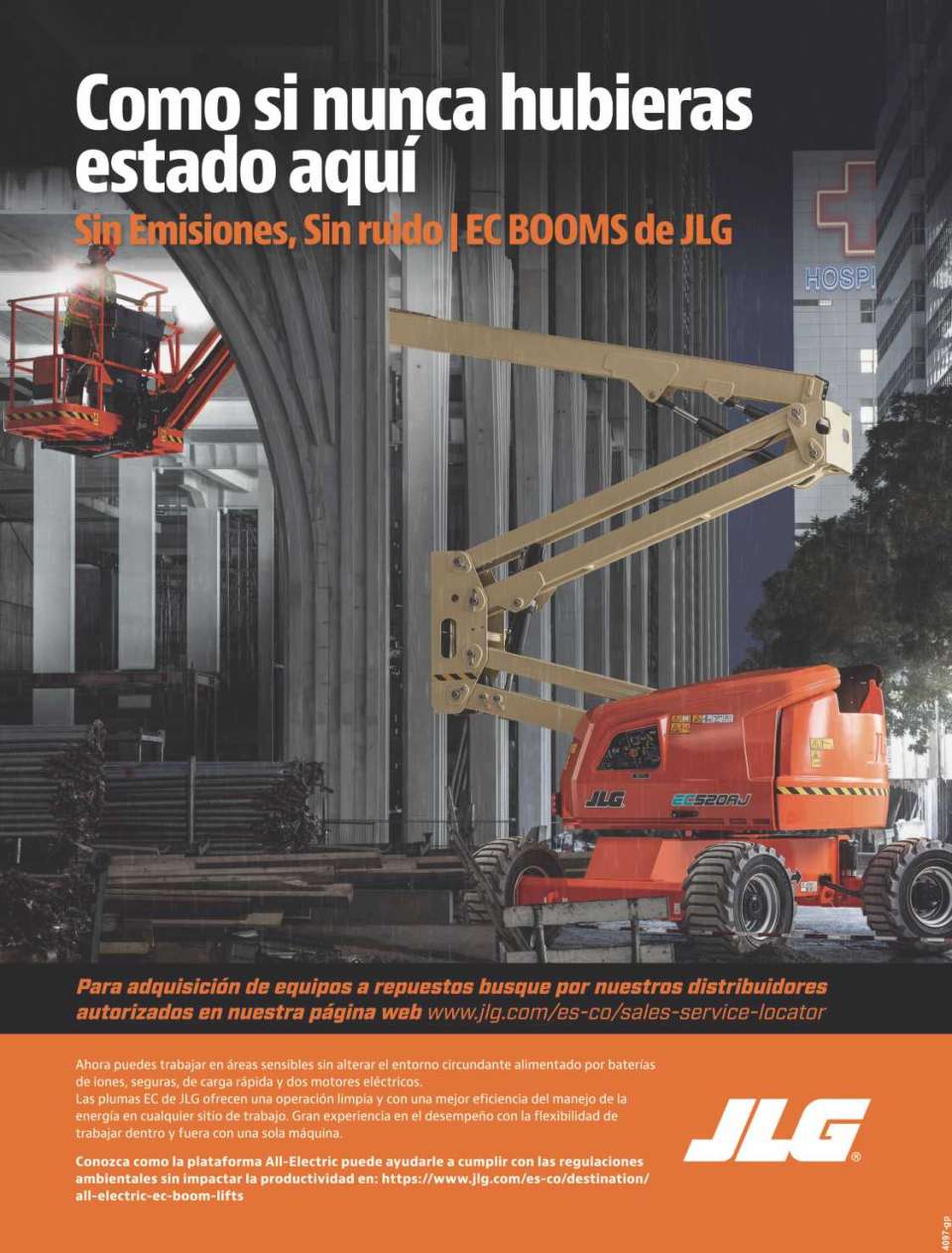 Plataformas de elevacion totalmente electricas EC-BOOMS de JLG sin emisiones y sin ruido