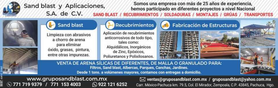 Somos una empresa con mas de 25 años de experiencia. Sand blast, Recubrimientos, Soldaduras, Montajes, Gruas, Transportes, Fabricacion de Estructuras.
