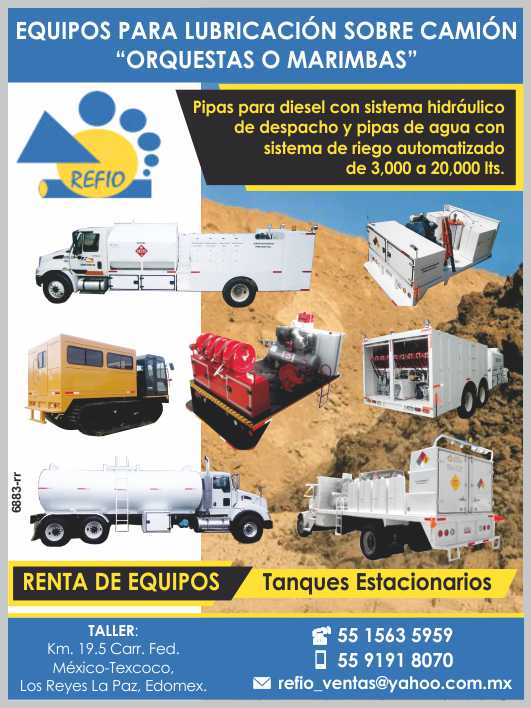 Refio, Lubrication equipment, diesel pipes, water pipes, trailers, marimba trucks, bodies, fuel pumps, EQUIPMENT RENT. Refio, Lubrication equipment, diesel pipes, water pipes, trailers, marimba trucks, bodies, fuel pumps, EQUIPMENT RENT.