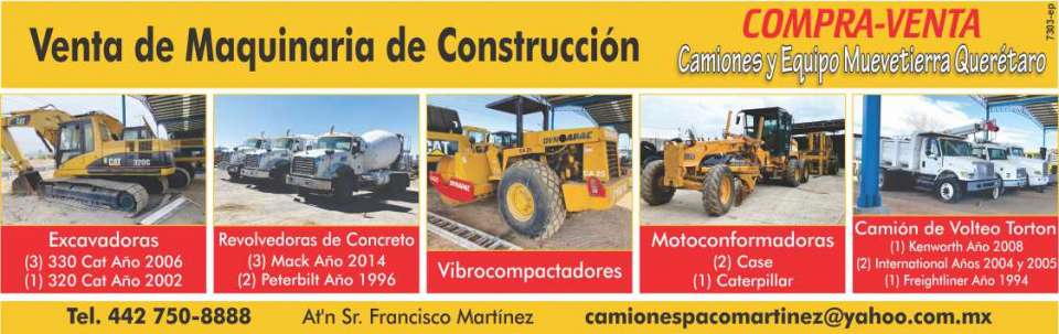 Venta de Excavadoras, Revolvedoras de Concreto, Vibrocompactadores, Motoconformadoras, Camiones de Volteo