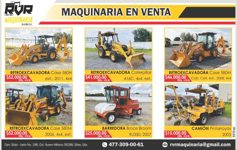 Machinery for Sale. Caterpillar 416C, 580N, Case 580M, backhoe loaders, Broce Broom sweeper, Pintarrayas truck. Machinery for Sale. Caterpillar 416C, 580N, Case 580M, backhoe loaders, Broce Broom sweeper, Pintarrayas truck.