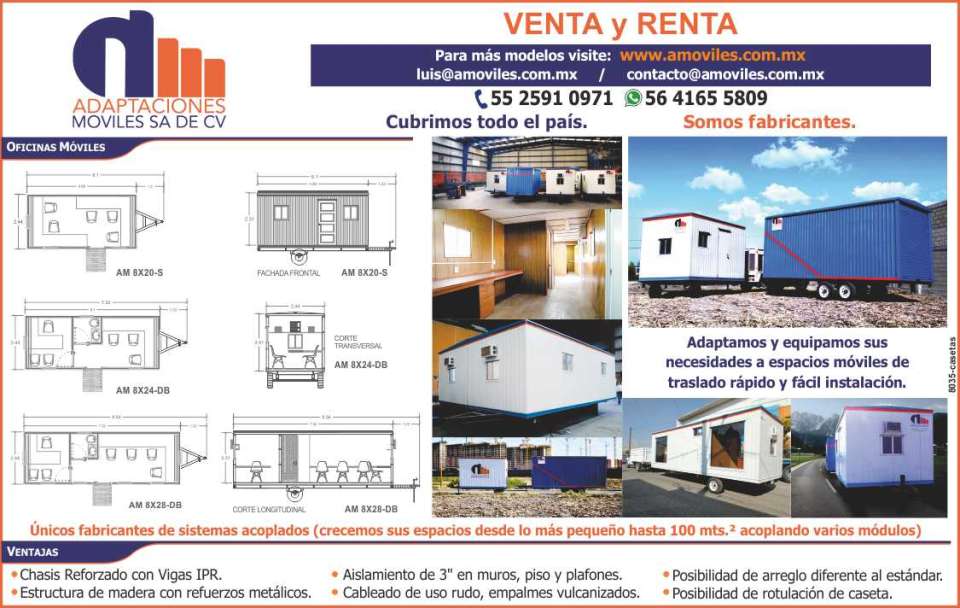Sale and Rent of Mobile Offices, Mobile Warehouses. Mobile spaces for fast transportation and easy installation. Coupled systems. We grow their spaces up to 100 m2. Sale and Rent of Mobile Offices, Mobile Warehouses. Mobile spaces for fast transportation and easy installation. Coupled systems. We grow their spaces up to 100 m2.