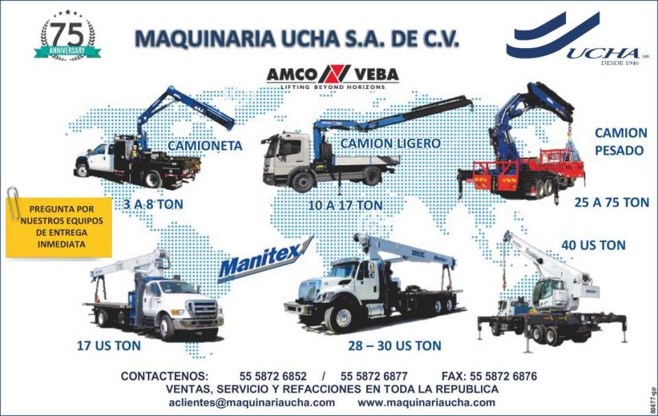 Camioneta: 3 a 8 Ton. Camion Ligero: 10 a 17 Ton. Camion Pesado: 25 a 75 Ton. Pregunta por Nuestros Equipos de entrega Inmediata. Ventas, Servicios y Refacciones en toda la Republica.