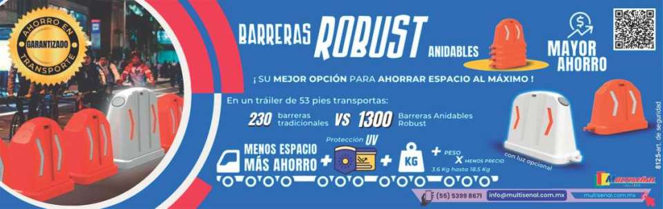 Barreras ROBUST anidables ¡su mejor opcion para ahorrar espacio al maximo! En un trailer de 53 pies transportas: 230 barreras tradicionales VS 1300 barreras anidables ROBUST