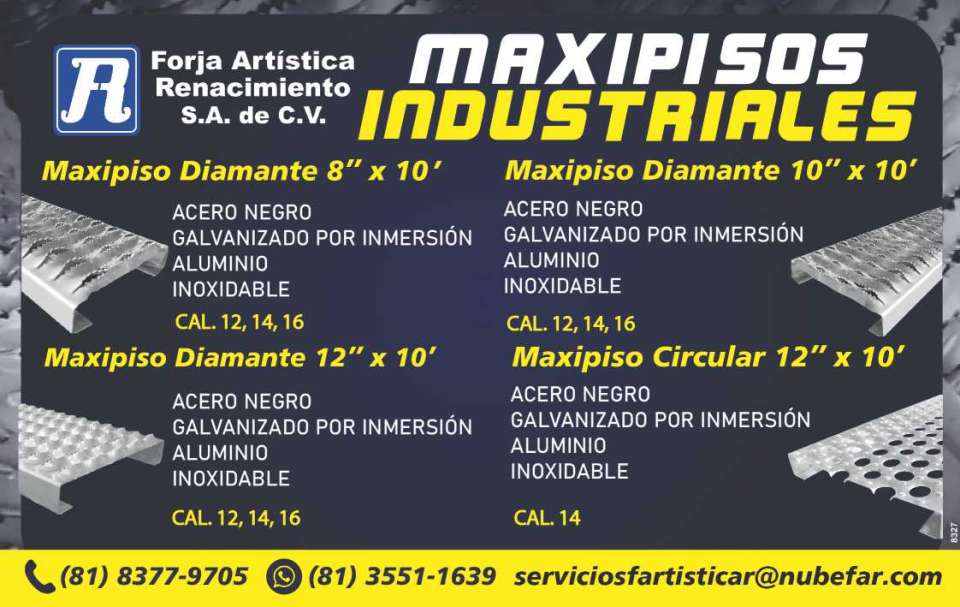 Diamond Maxipiso 8x10, 10x10, 12x10 cal.12,14,16 Circular maxipiso 12x10 cal.14 Black Steel Dip galvanized Aluminum Stainless Diamond Maxipiso 8x10, 10x10, 12x10 cal.12,14,16 Circular maxipiso 12x10 cal.14 Black Steel Dip galvanized Aluminum Stainless