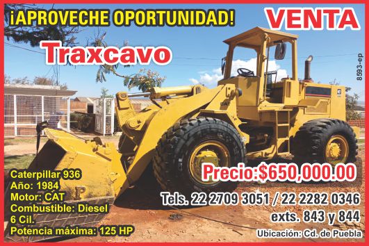 Take advantage of the opportunity, sale of Trascabo Caterpillar 936, year 1984, Cat engine, diesel fuel, 6 cyl, maximum power 125 HP, price $650,000. Take advantage of the opportunity, sale of Trascabo Caterpillar 936, year 1984, Cat engine, diesel fuel, 6 cyl, maximum power 125 HP, price $650,000.
