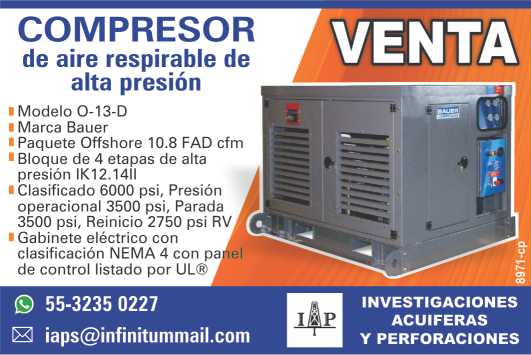 For sale: High-pressure breathing air compressor. Model 0-13-D, Bauer brand, Offshore package, 4-stage high-pressure block, NEMA 4 electrical enclosure, with control panel. IAP For sale: High-pressure breathing air compressor. Model 0-13-D, Bauer brand, Offshore package, 4-stage high-pressure block, NEMA 4 electrical enclosure, with control panel. IAP