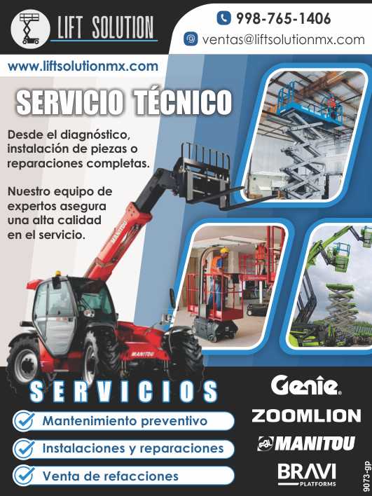 Servicio Tecnico. Desde el Diagnostico, Instalacion de piezas o Reparaciones completas. Mantenimiento preventivo, Instalaciones y Reparaciones. Venta de Refacciones. Genie, Zoomlion, Manitou, Bravi